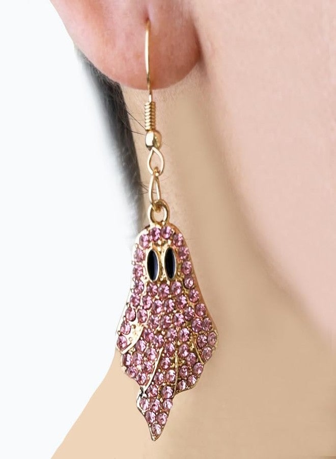 QRH Sparkly Rhinestone Halloween Ghost Earrings Necklace Set Delicate Diamond Beaded Pink Ghost Earrings Necklace Set Shiny Cute Halloween Party Costume Cosplay Jewelry Gifts - Image 3